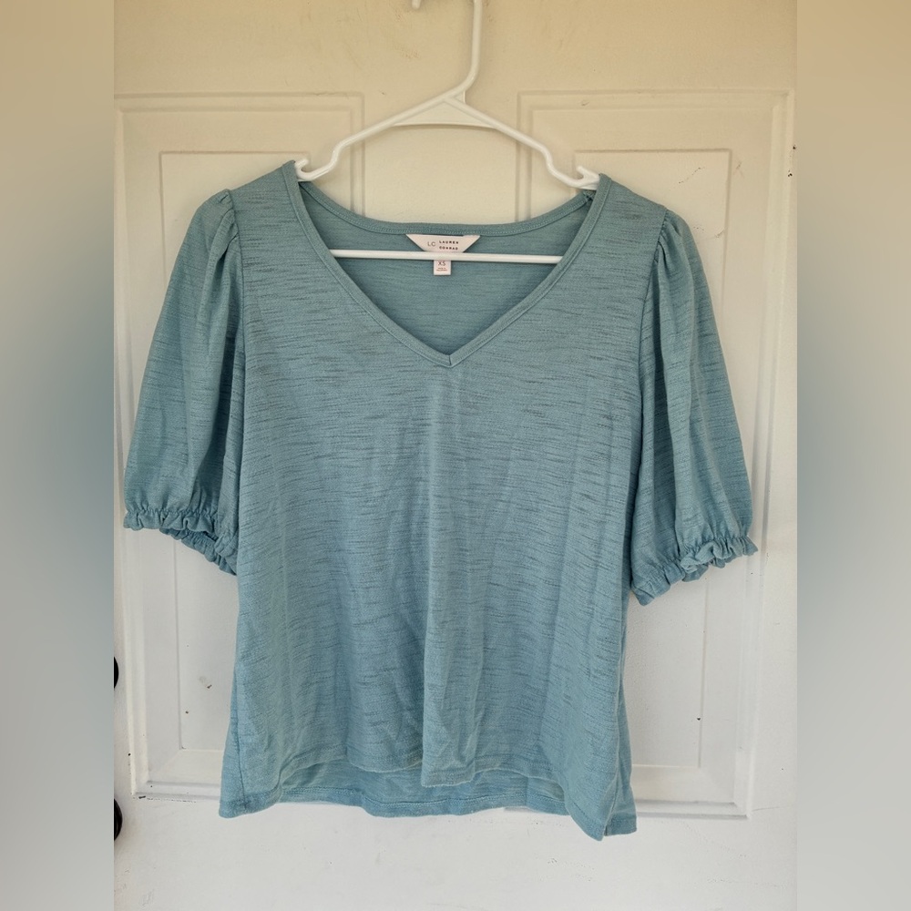 LC Lauren Conrad Women's Blue V-Neck Short Sleeve Blouse Top Size XSmall